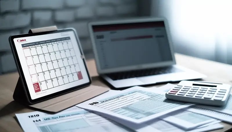 a calendar with tax filing deadlines and financial documents