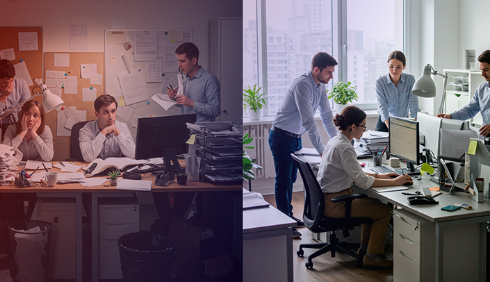 Imagem dividida, de um lado uma empresa desorganizada, com pessoas preocupadas, do outro uma empresa organizada com pessoas tranquilas