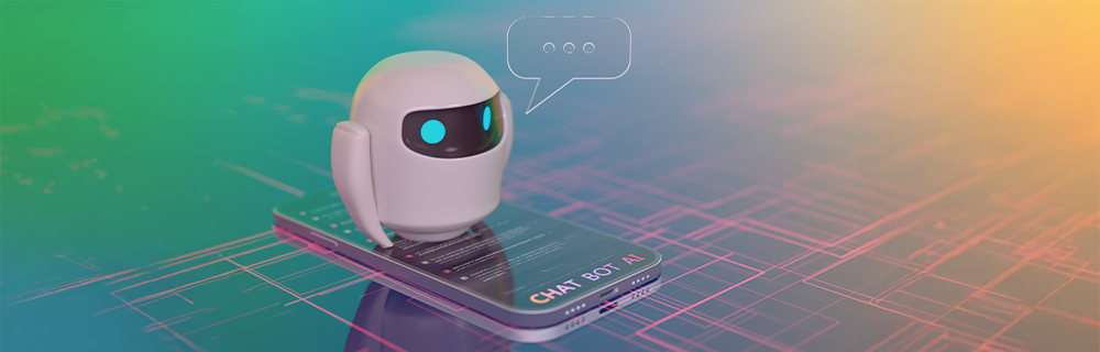 Ilustração de um chatbot fora de um celular, respondendo uma pergunta do usuário.
