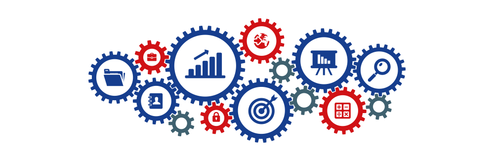 Imagem de várias engrenagens funcionando juntas, com ícones de atendimento, processos, clientes, informaçoes