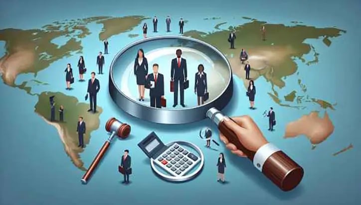 Illustration of selecting the right service provider, a group of professionals ready to help global clients with tax strategies.