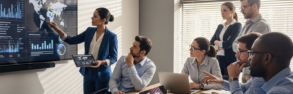 Imagem de colaboradores de uma empresa analisando gráficos