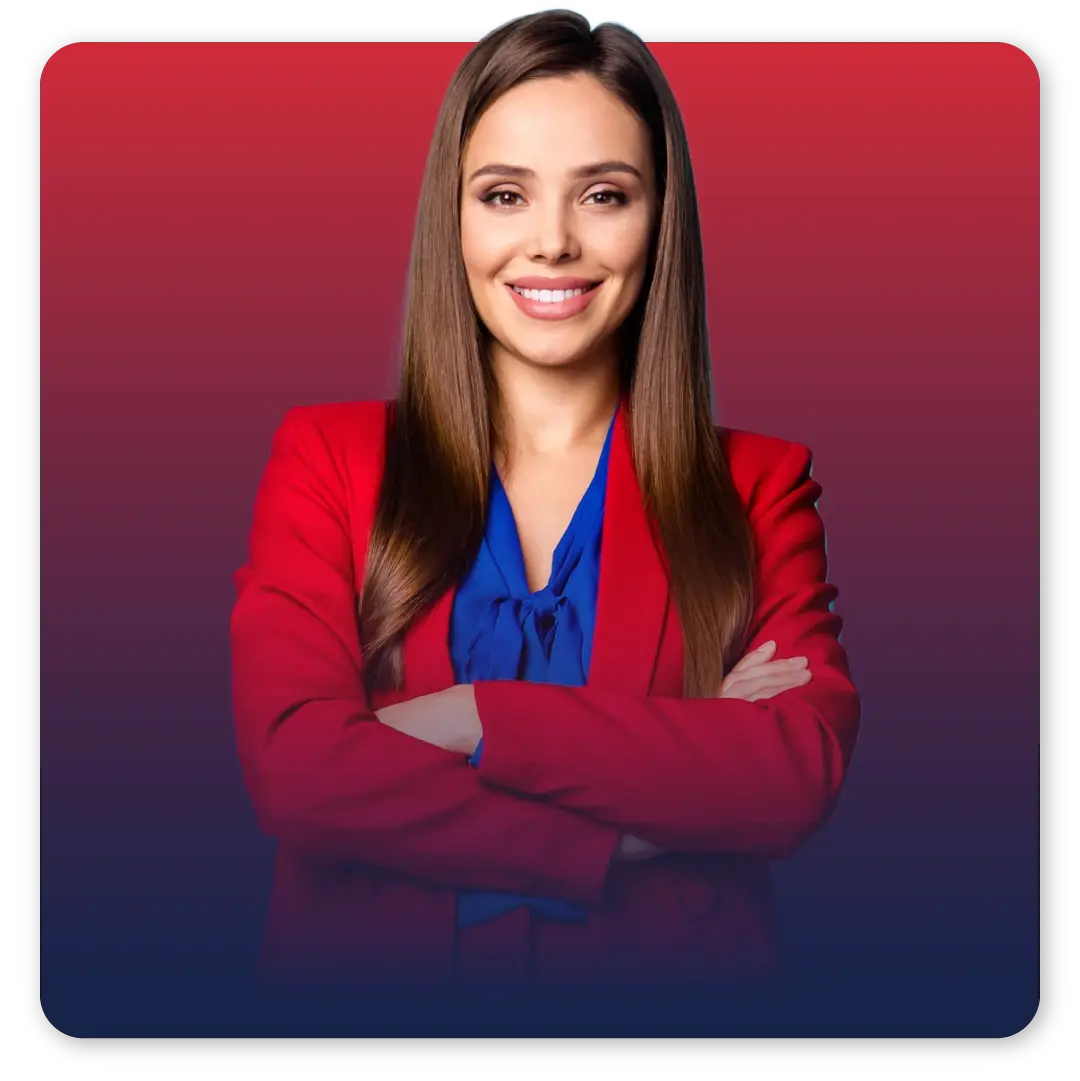 Woman in red suit corssing arms and smiling